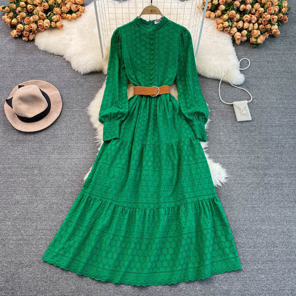 White Black Green Hollow Out Single Breasted Long Sleeve Embroidery Long Dress in Dresses