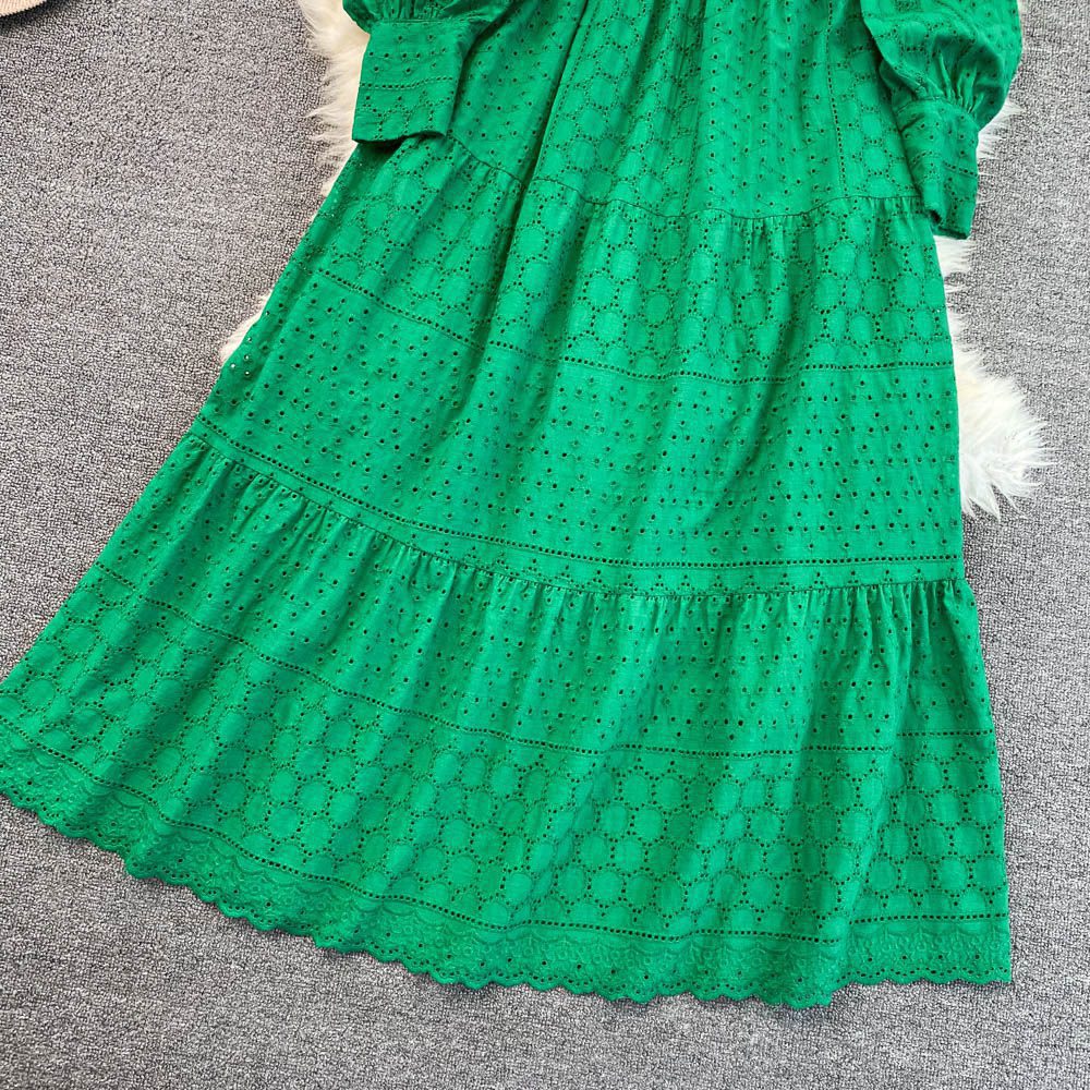 White Black Green Hollow Out Single Breasted Long Sleeve Embroidery Long Dress in Dresses