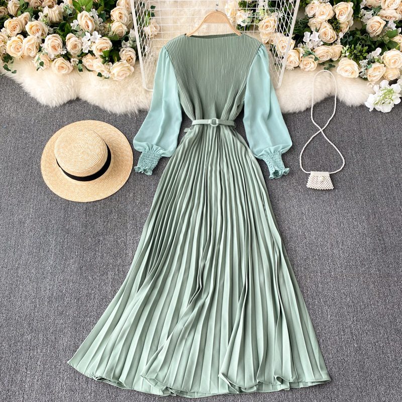 Elegant Patchwork Puff Long Sleeve Pleated Dress in Dresses