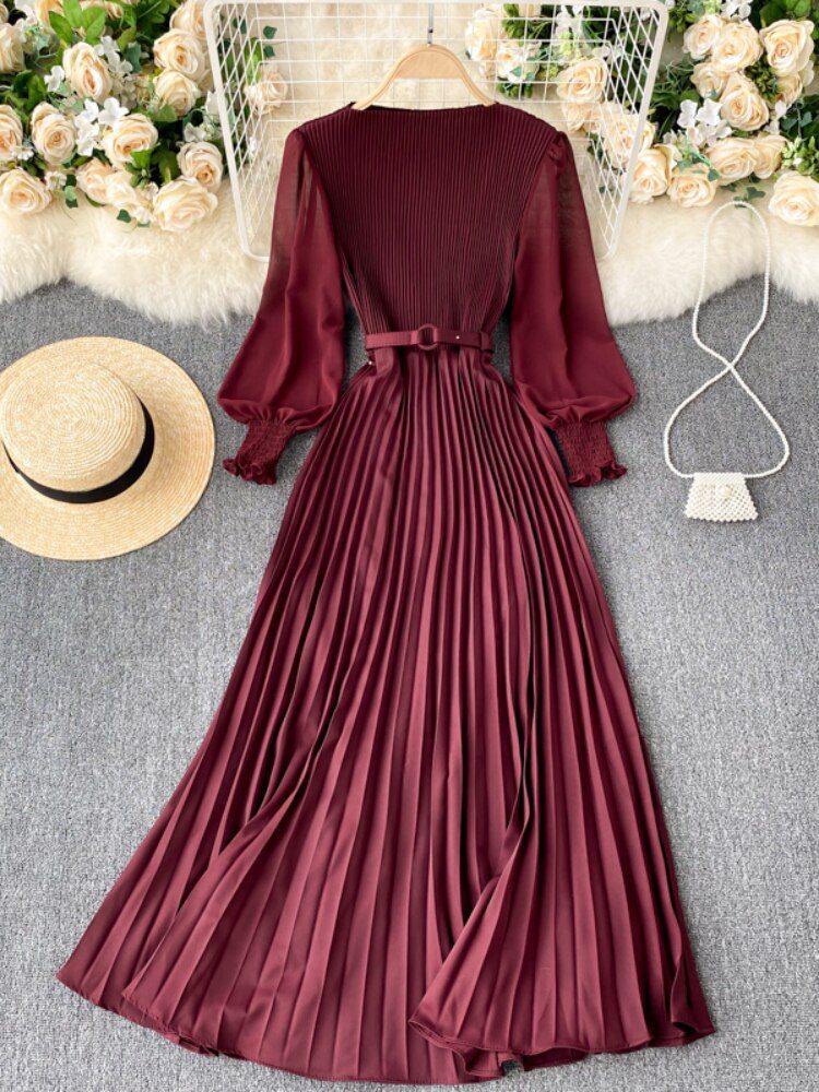 Elegant Patchwork Puff Long Sleeve Pleated Dress in Dresses