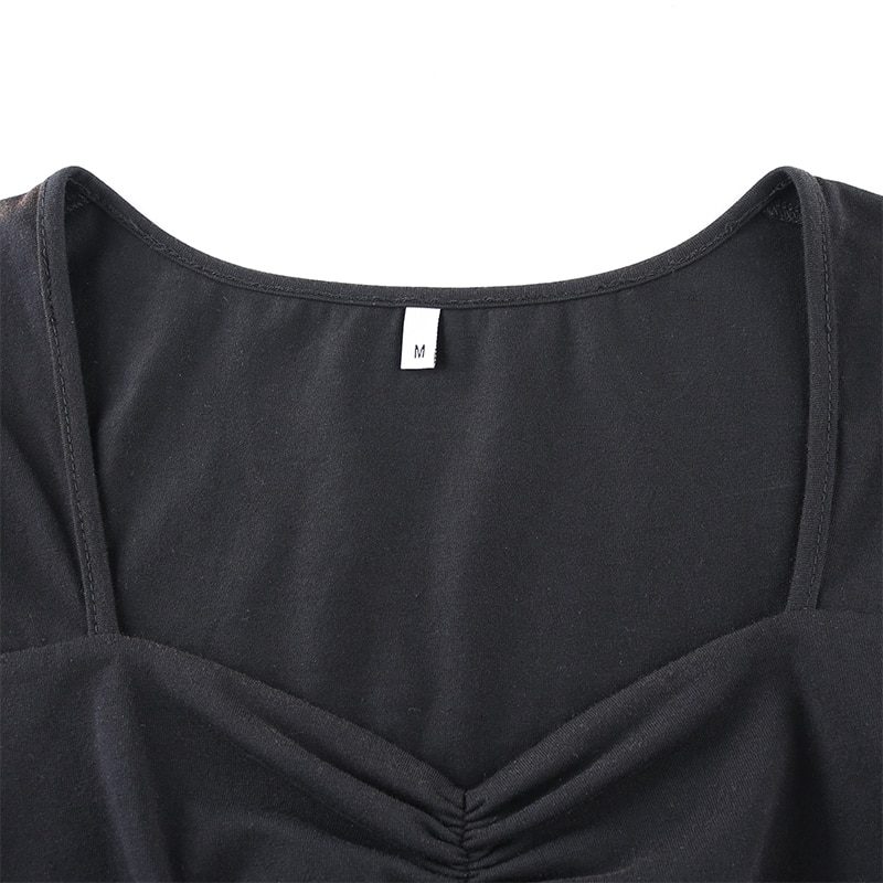 Square Neck Ruched Side Split Short Sleeve Black Gothic Dress in Dresses