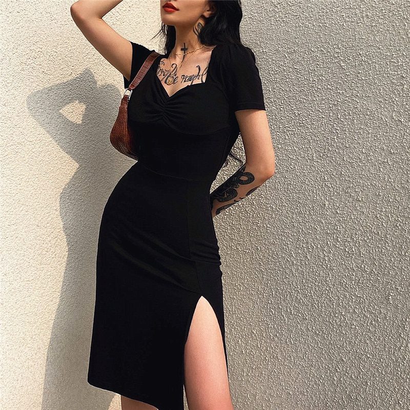 Square Neck Ruched Side Split Short Sleeve Black Gothic Dress in Dresses