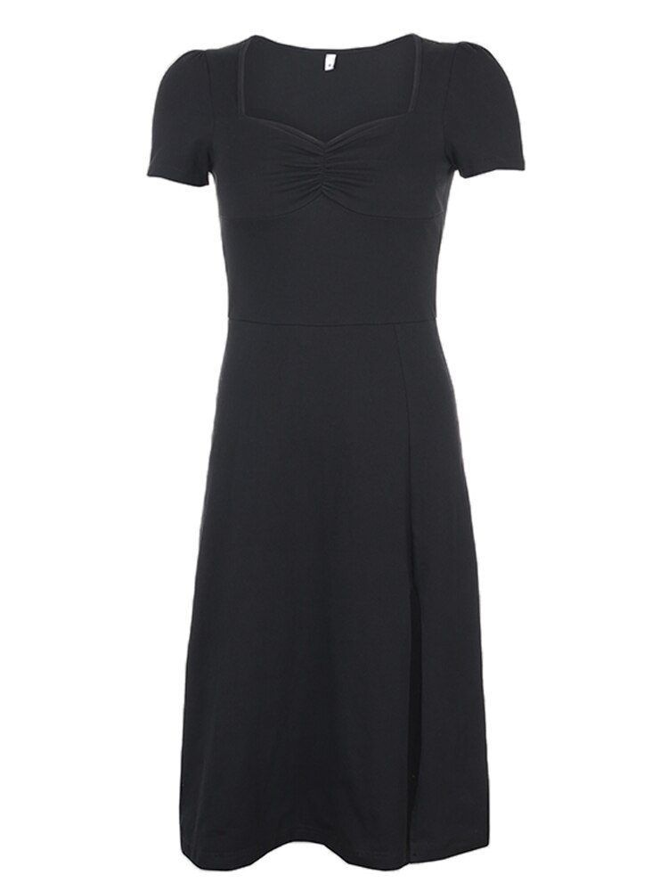 Square Neck Ruched Side Split Short Sleeve Black Gothic Dress ...