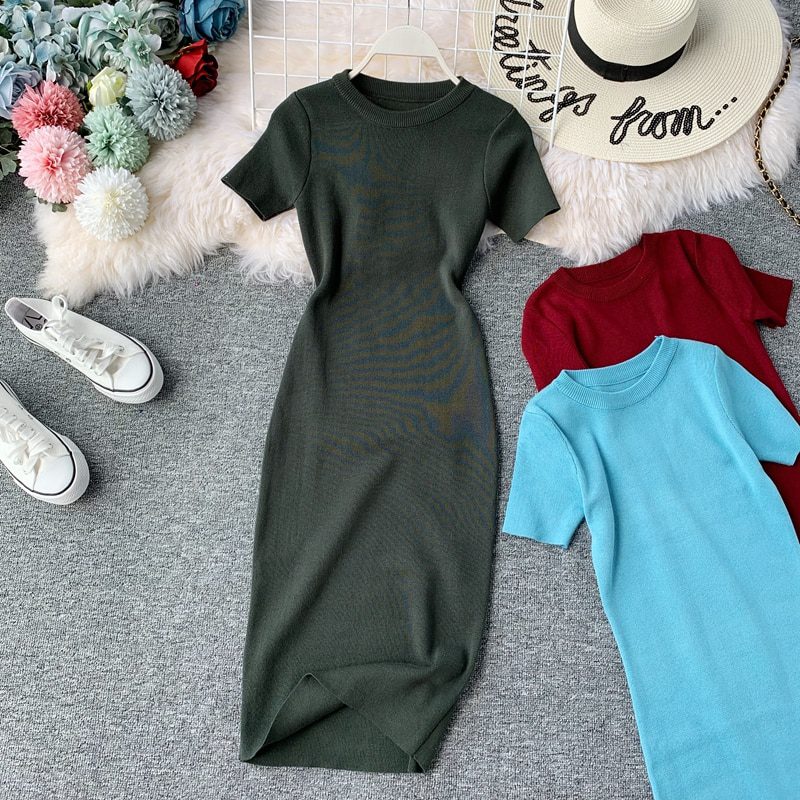 O-Neck Knitting Stretch Retro High Waist Short Sleeve Mini Dress in Dresses