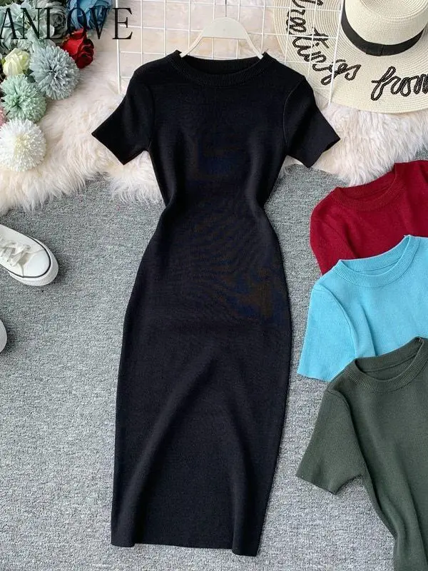 O-Neck Knitting Stretch Retro High Waist Short Sleeve Mini Dress in Dresses