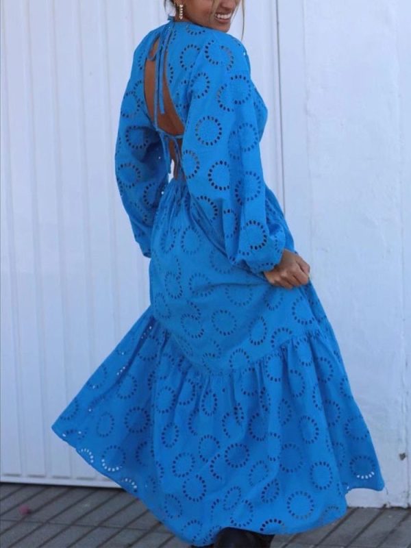 Blue Long Sleeve Backless Embroidery Dress in Dresses