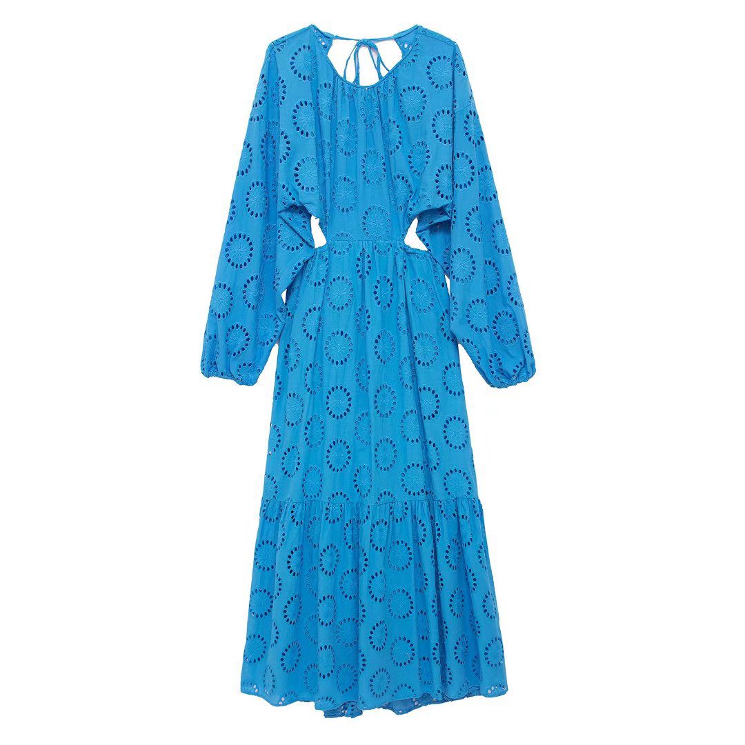 Blue Long Sleeve Backless Embroidery Dress in Dresses