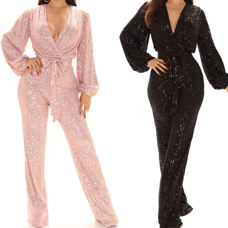 Sequined V Neck Long Sleeve High Waist Bodycon Jumpsuit Two Piece Set - Jumpsuits & Rompers - Uniqistic.com