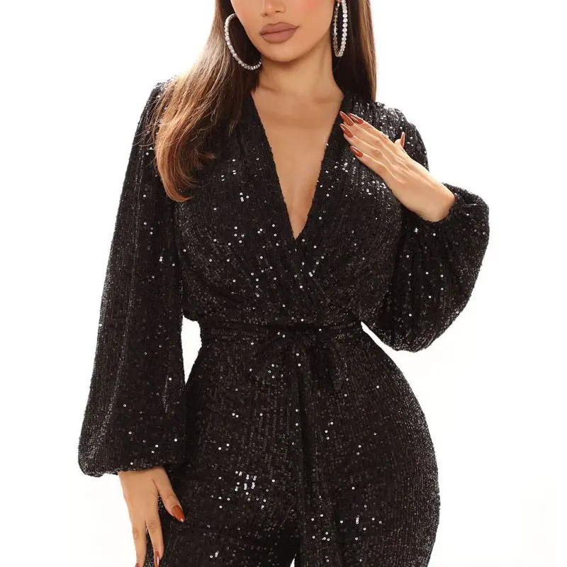 Sequined V Neck Long Sleeve High Waist Bodycon Jumpsuit Two Piece Set - Jumpsuits & Rompers - Uniqistic.com
