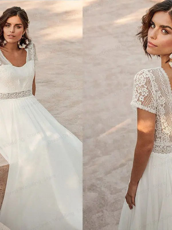 White Simple Boho Chiffon Short Sleeve Floor Length Wedding Dress in Wedding dresses