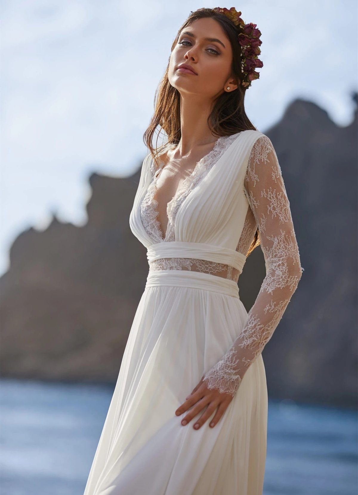 Deep V-Neck Long Sleeves Chiffon Lace A-Line Boho Beach Wedding Dress in Wedding dresses