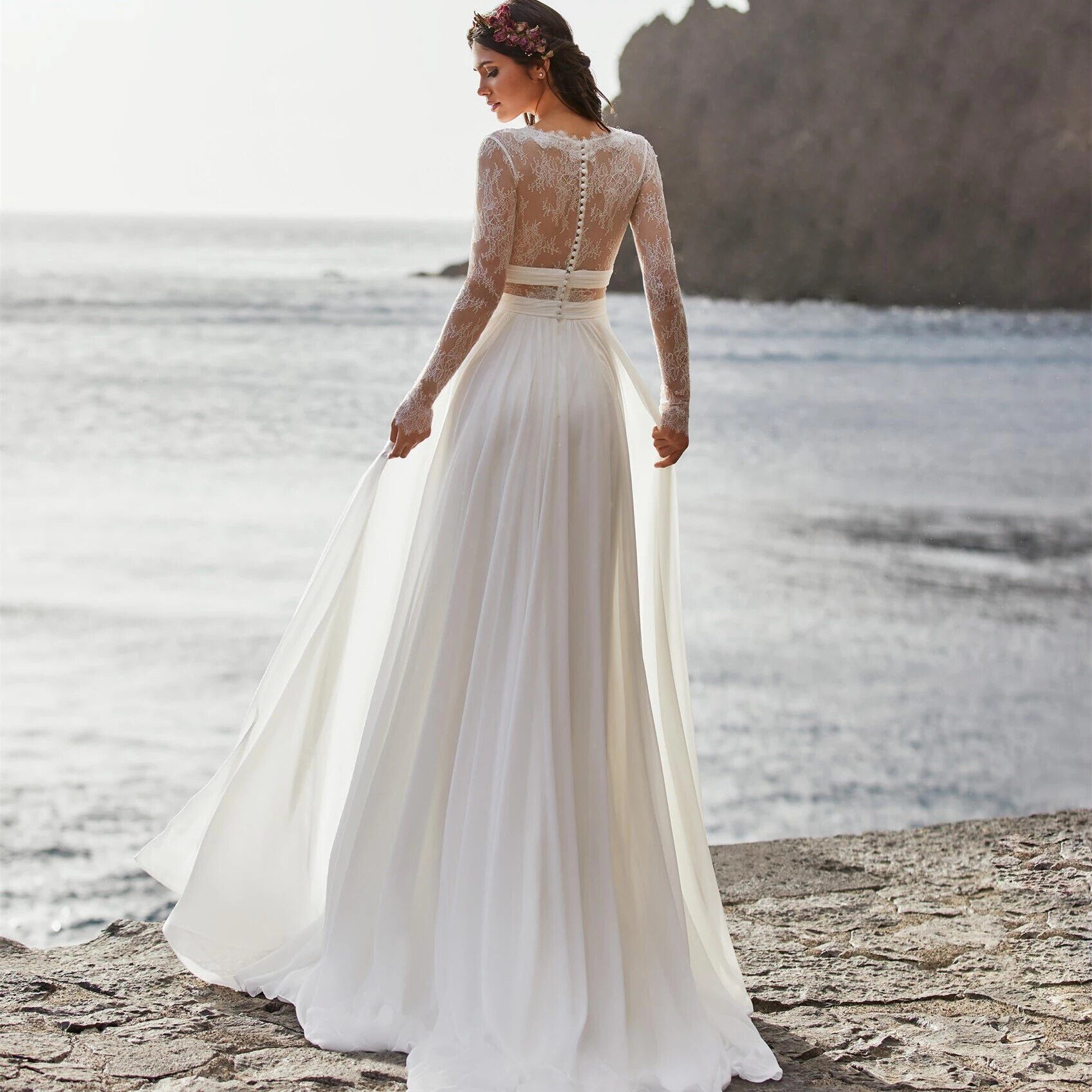 Deep V-Neck Long Sleeves Chiffon Lace A-Line Boho Beach Wedding Dress - Wedding dresses - Uniqistic.com
