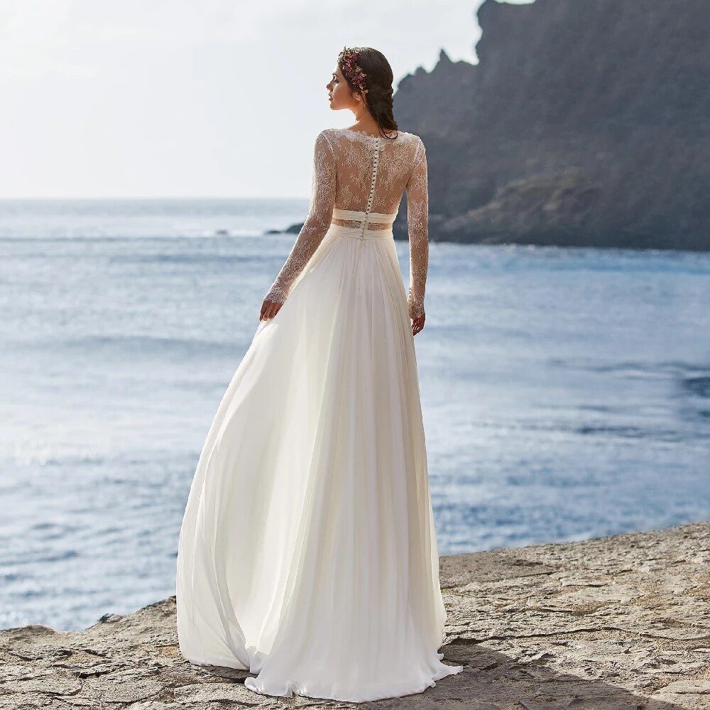 Deep V-Neck Long Sleeves Chiffon Lace A-Line Boho Beach Wedding Dress - Wedding dresses - Uniqistic.com