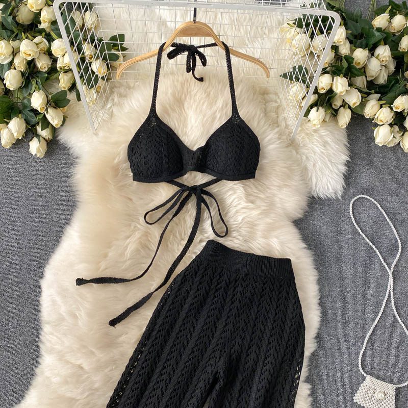 Backless halter short top+chic hollow knitted wide leg long pants two piece set