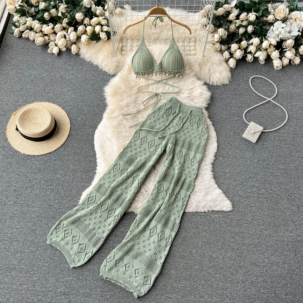 Backless Halter Short Top+Chic Hollow Knitted Wide Leg Long Pants Two Piece Set in T-shirts & Tops