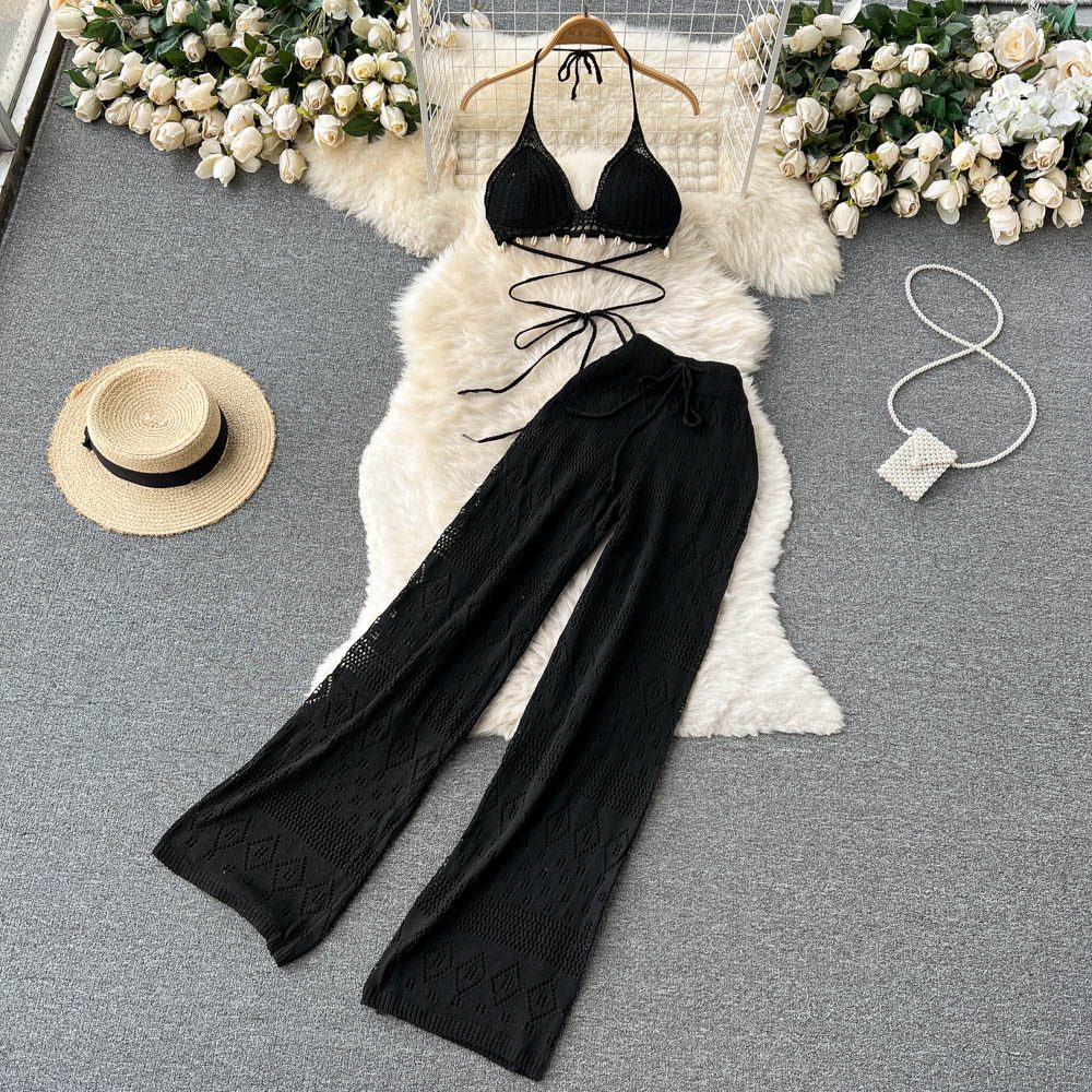 Backless Halter Short Top+Chic Hollow Knitted Wide Leg Long Pants Two Piece Set in T-shirts & Tops