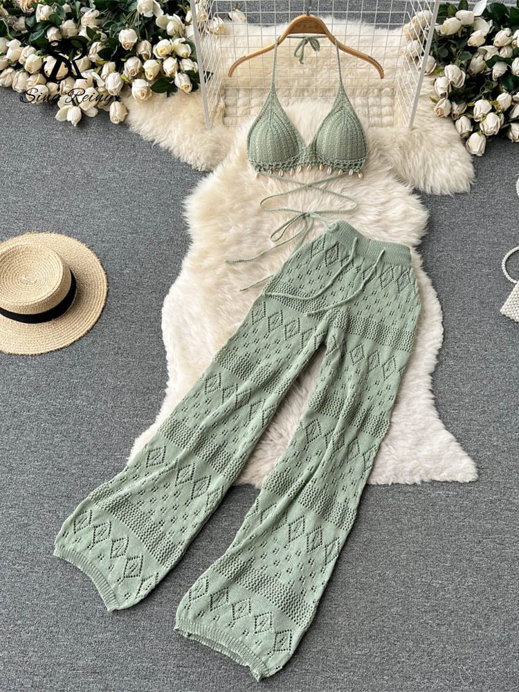 Backless halter short top+chic hollow knitted wide leg long pants two piece set