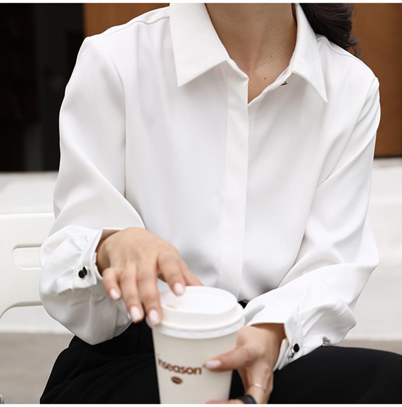 Turn-Down Collar Single-Breasted Long Sleeve White Shirt in Blouses & Shirts