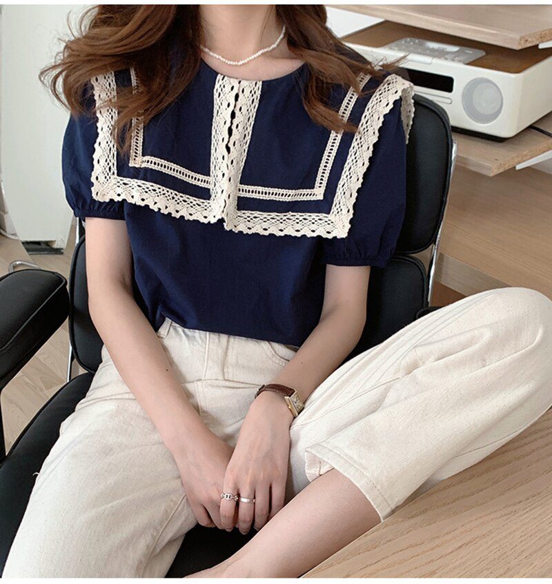Chic Sailor Collar Short-Sleeved Lace Office Blouse in Blouses & Shirts