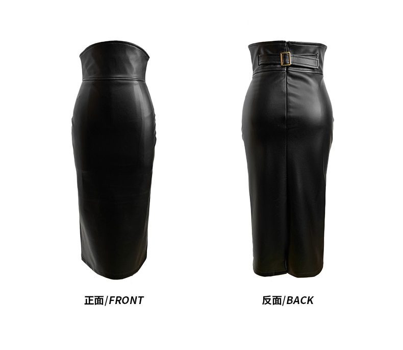High Waist Leather Office Midi Black Pencil Skirt in Skirts