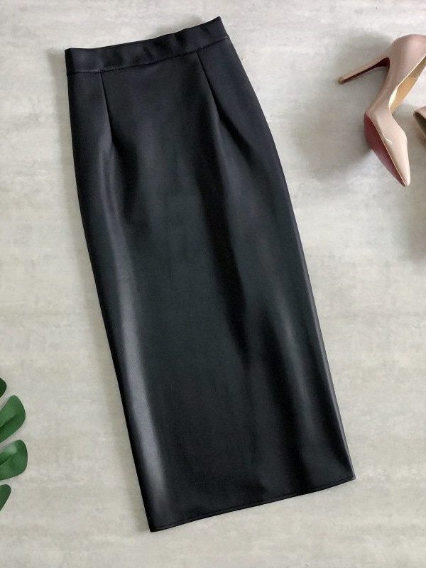 Elegant Office High Waist Leather Stretch Pencil Bodycon Midi Skirt in Skirts