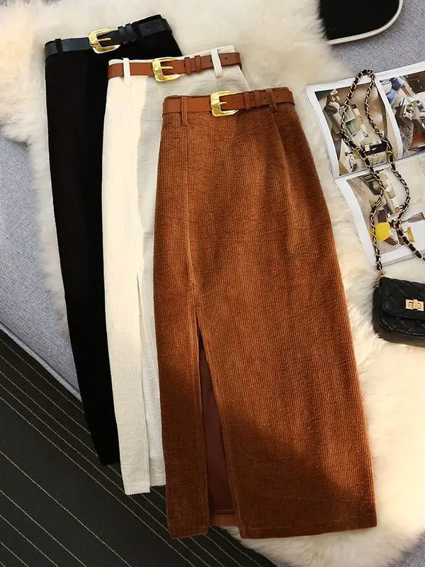 Vintage side slit hight waist sashes a-line midi skirt