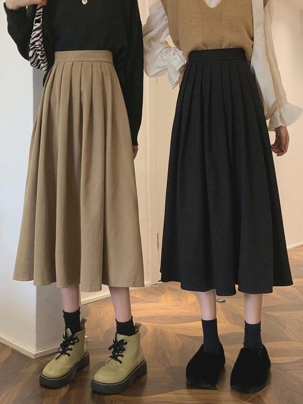 High Waist Pleated A-Line Midi Skirt in Skirts