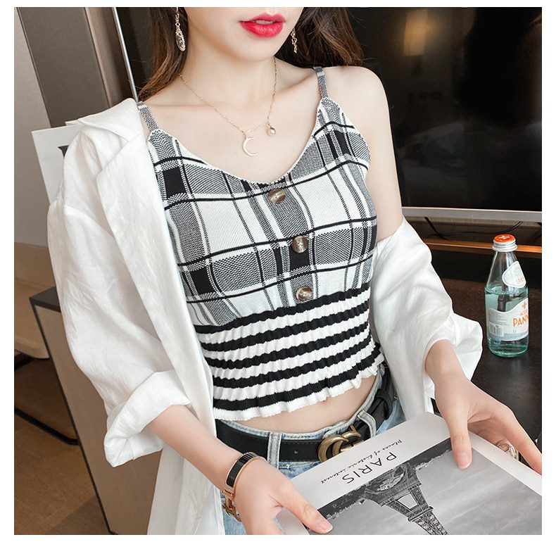 Knitting Plaid Spaghetti Strap Buttons Cropped Top in T-shirts & Tops