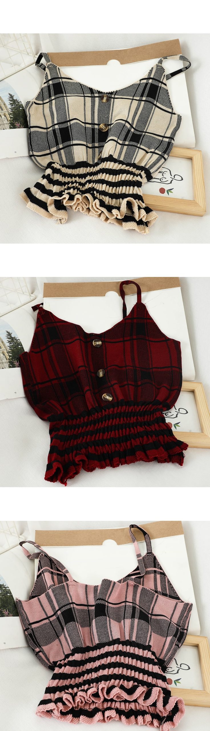 Knitting Plaid Spaghetti Strap Buttons Cropped Top in T-shirts & Tops
