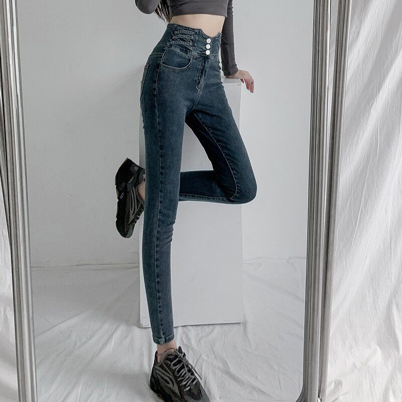 Vintage High Waist Buttons Stretch Denim Pants in Pants