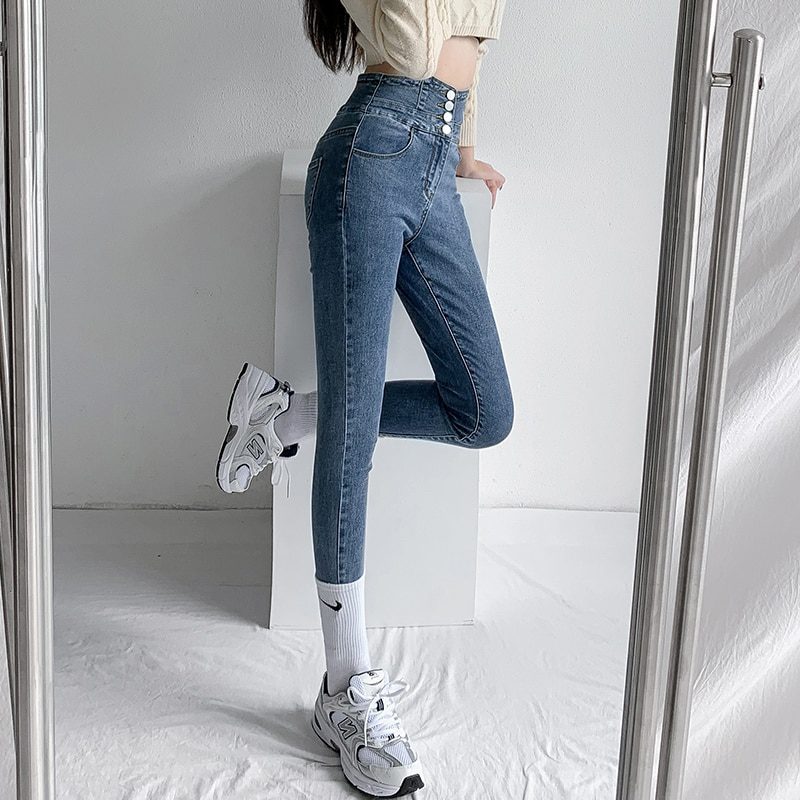 Vintage High Waist Buttons Stretch Denim Pants in Pants