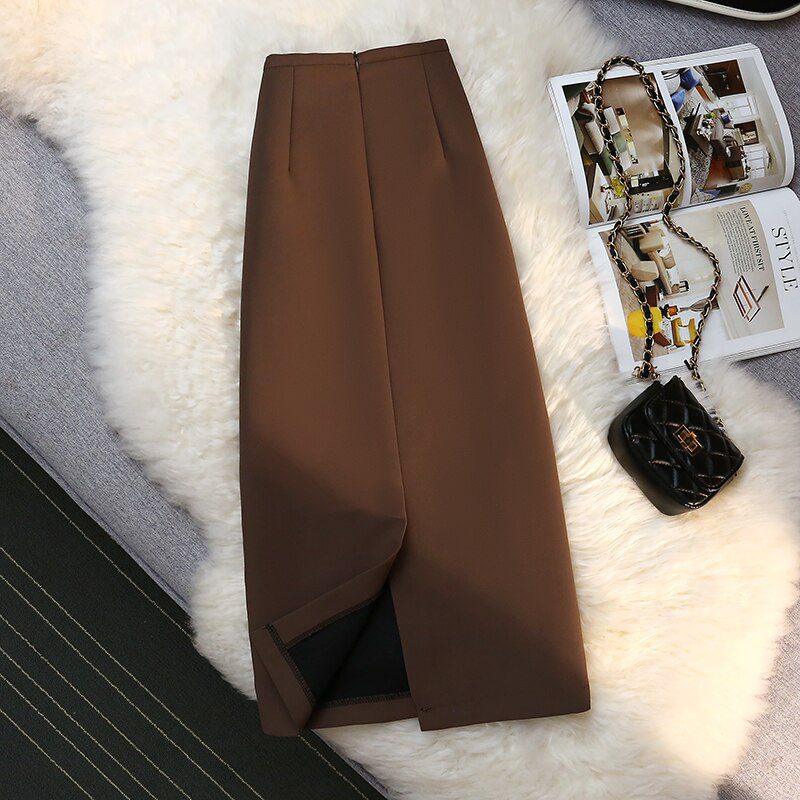 Elegant High Waist Long Brown Skirt in Skirts