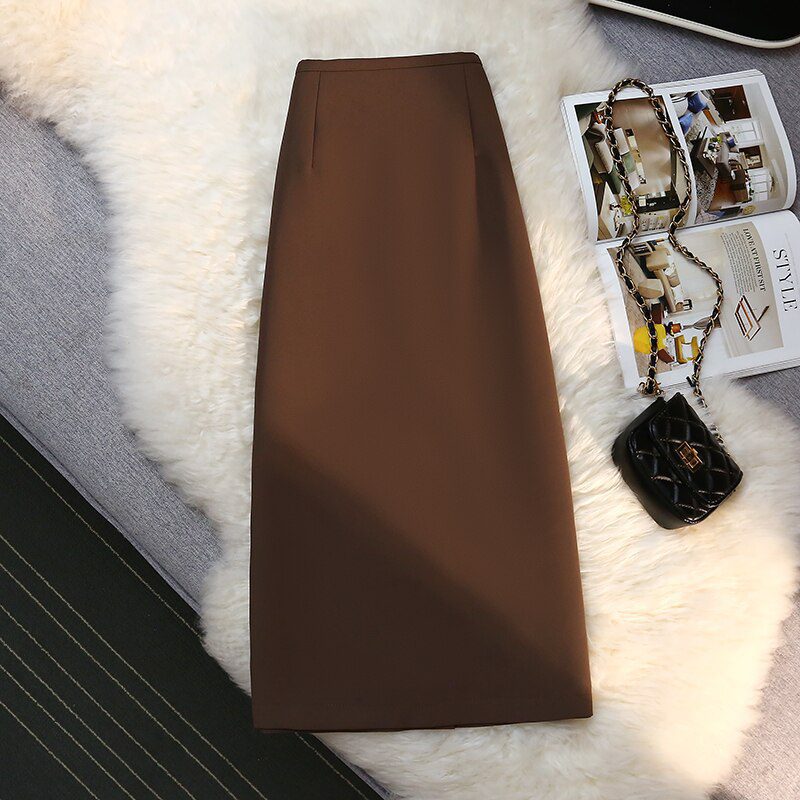 Elegant High Waist Long Brown Skirt in Skirts