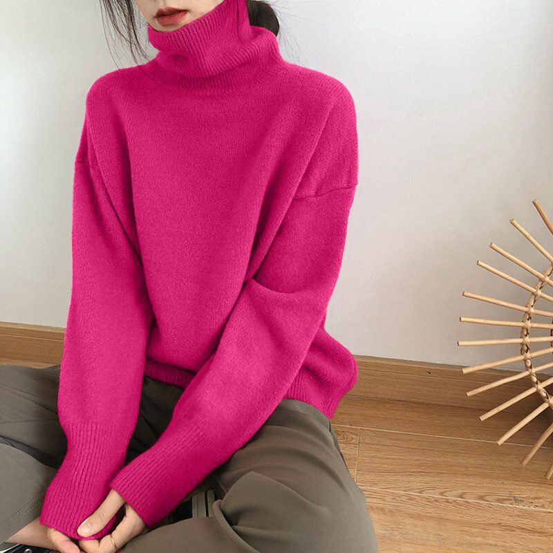 Elegant Turtle Neck O Neck Loose Knitted Sweater in Sweaters