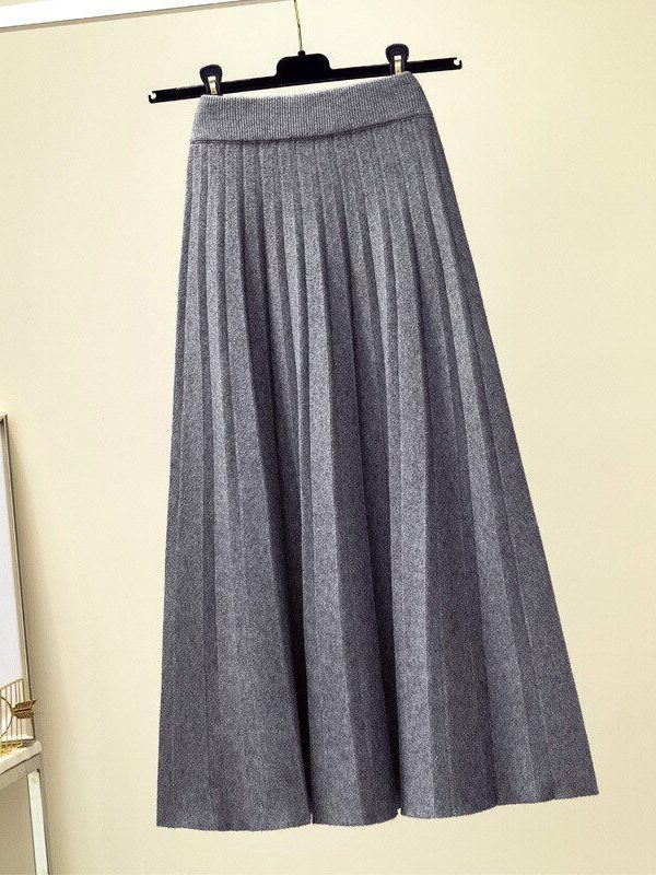 Knitted Pleated High Waist Loose Midi Skirt in Skirts