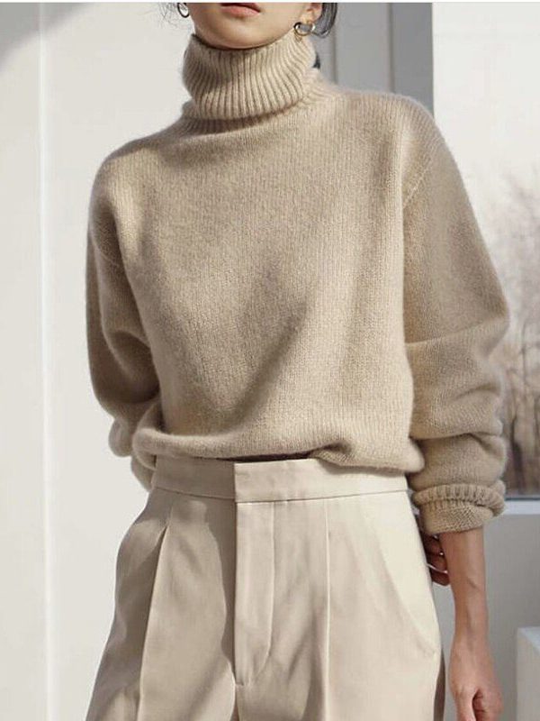 Elegant Turtle Neck O Neck Loose Knitted Sweater - Khaki, One size in