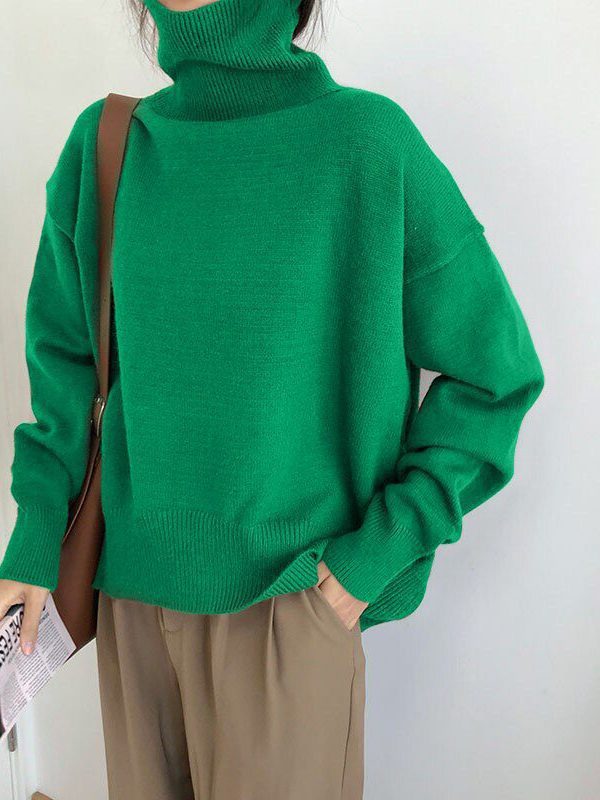 Elegant Turtle Neck O Neck Loose Knitted Sweater - Green, One size in