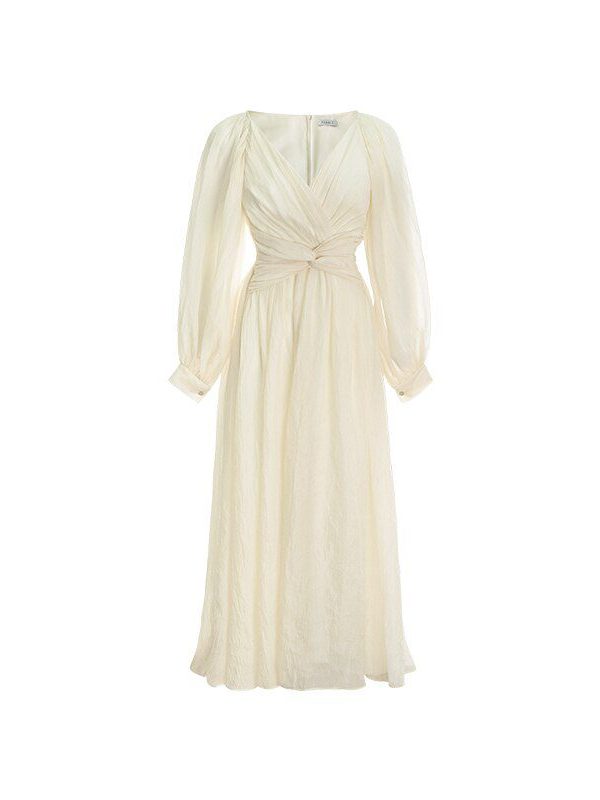 Vintage V-Neck Puff Sleeve Ruffled Maxi Dress in Dresses
