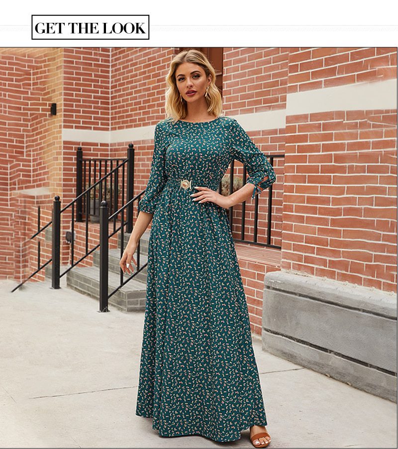 Floral Printed 3/4 Sleeve Boho Maxi Dress in Dresses
