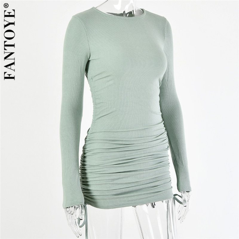 Cotton Full Sleeve Drawstring Round Neck Fold Ruched Slim Dress - Dresses - Uniqistic.com