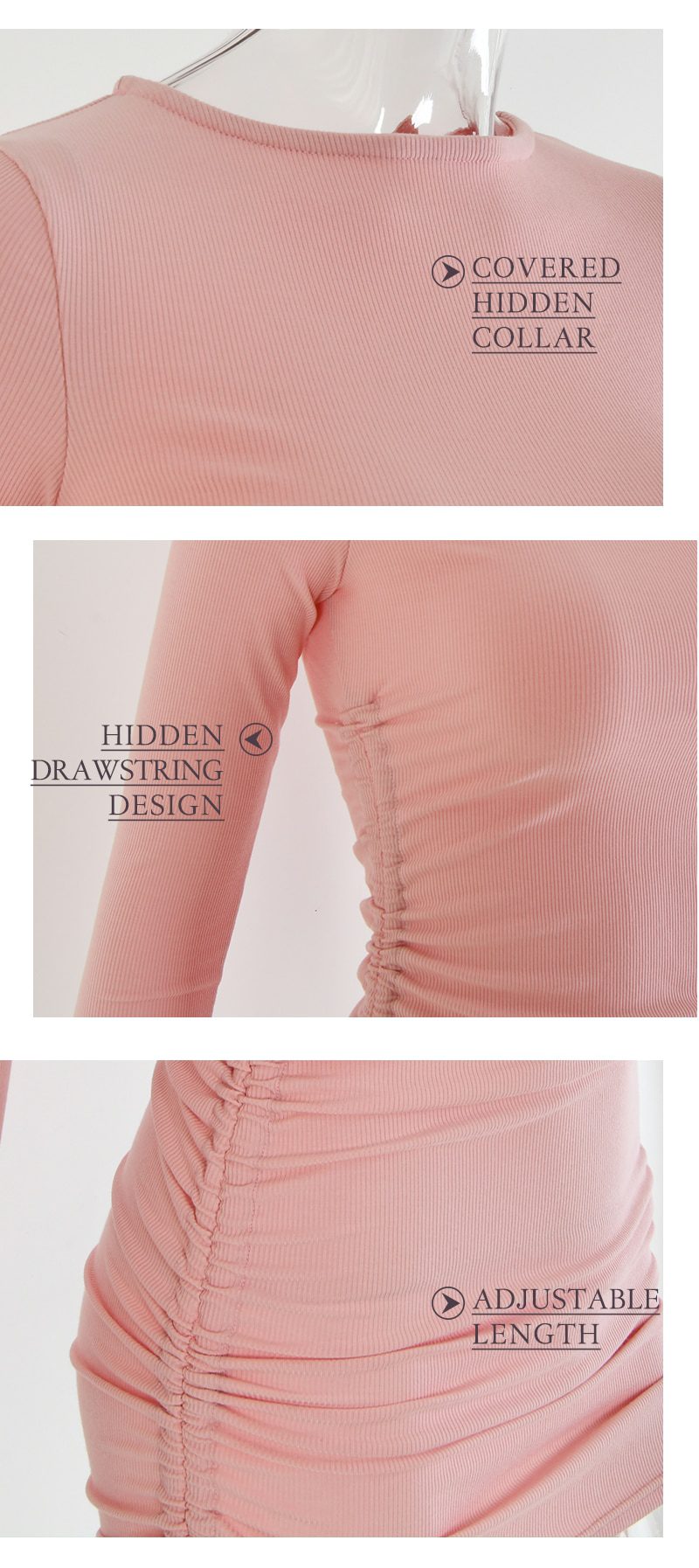 Cotton Full Sleeve Drawstring Round Neck Fold Ruched Slim Dress - Dresses - Uniqistic.com