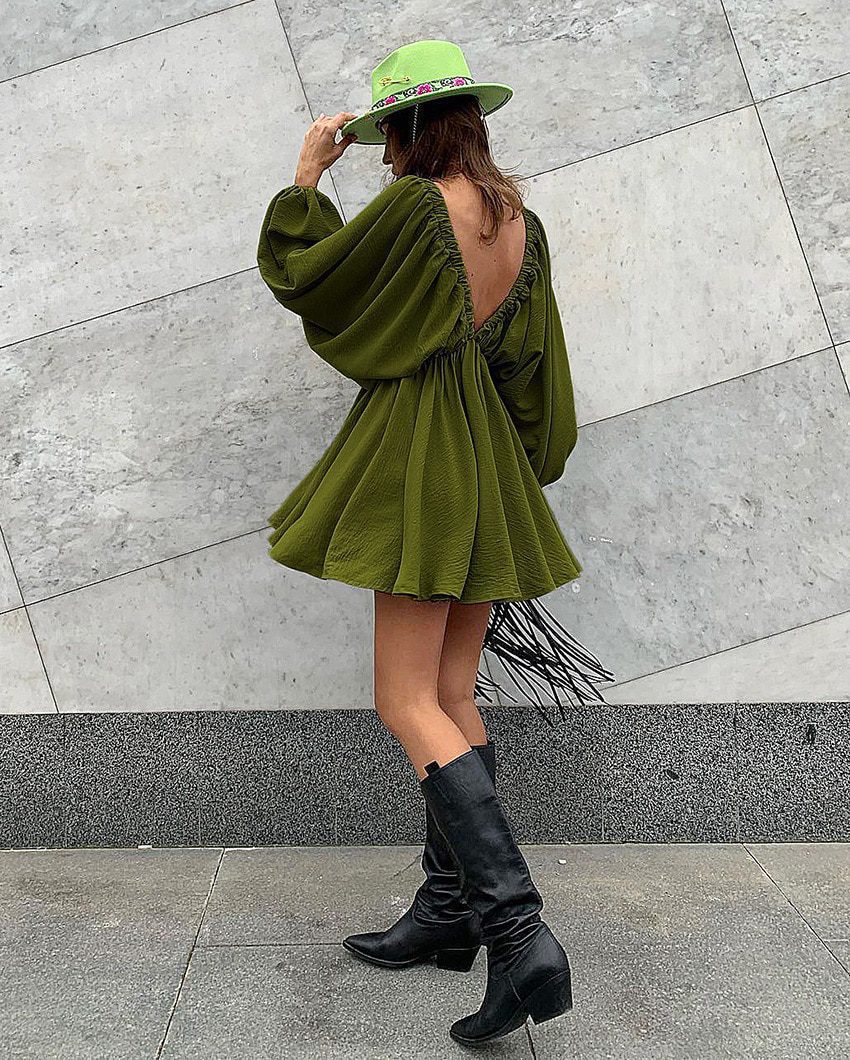Low Cut Green Pleated Backless Lantern Sleeve V-Neck High Waist A-Line Dress in Dresses
