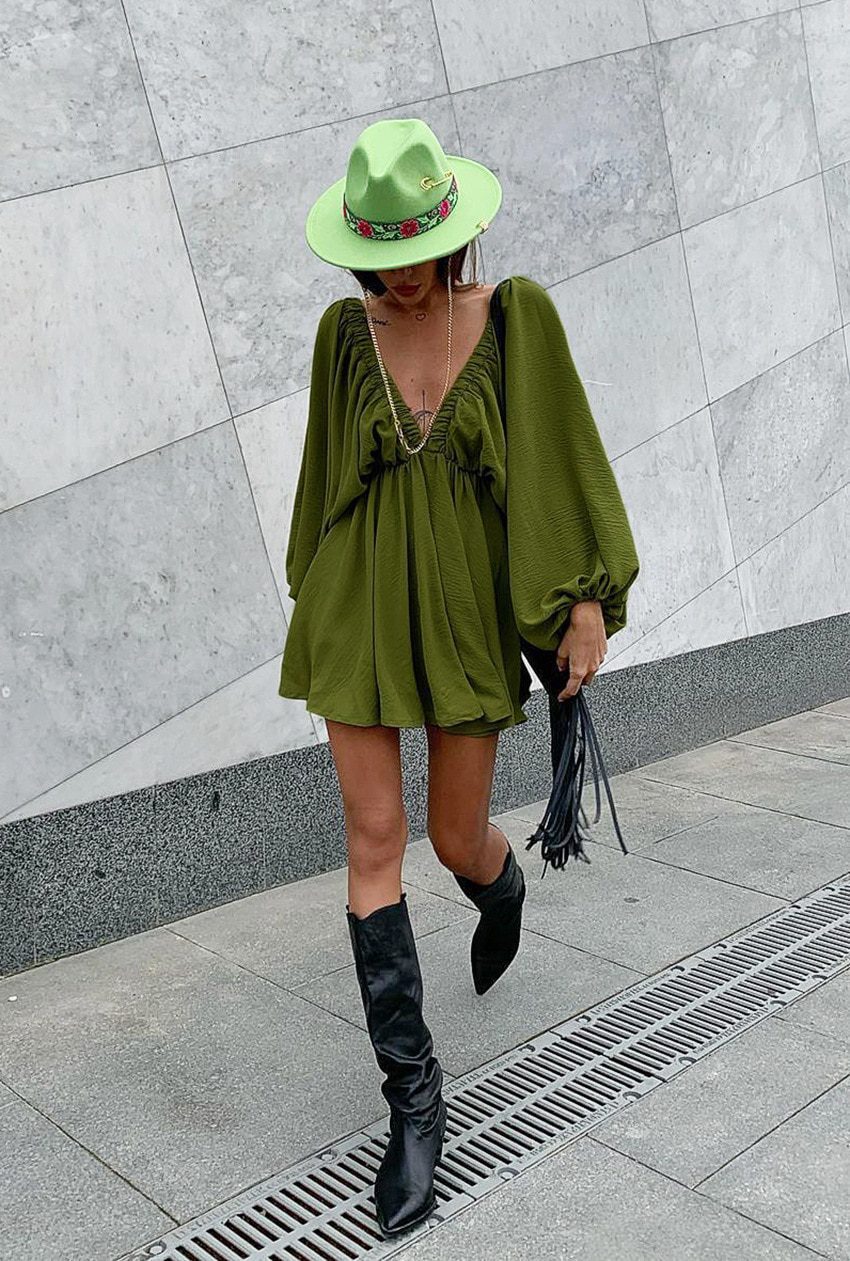 Low Cut Green Pleated Backless Lantern Sleeve V-Neck High Waist A-Line Dress in Dresses