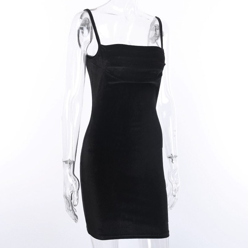 Black Velvet Spaghetti Strap Sleeveless Off Shoulder Ruched Mini Dress in Dresses