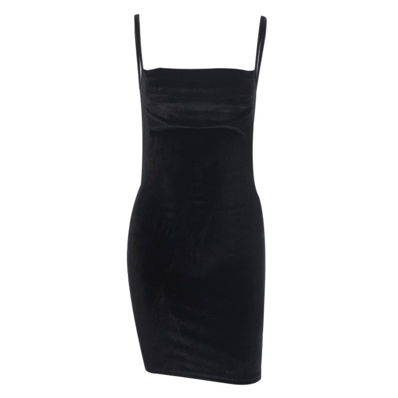 Black Velvet Spaghetti Strap Sleeveless Off Shoulder Ruched Mini Dress in Dresses