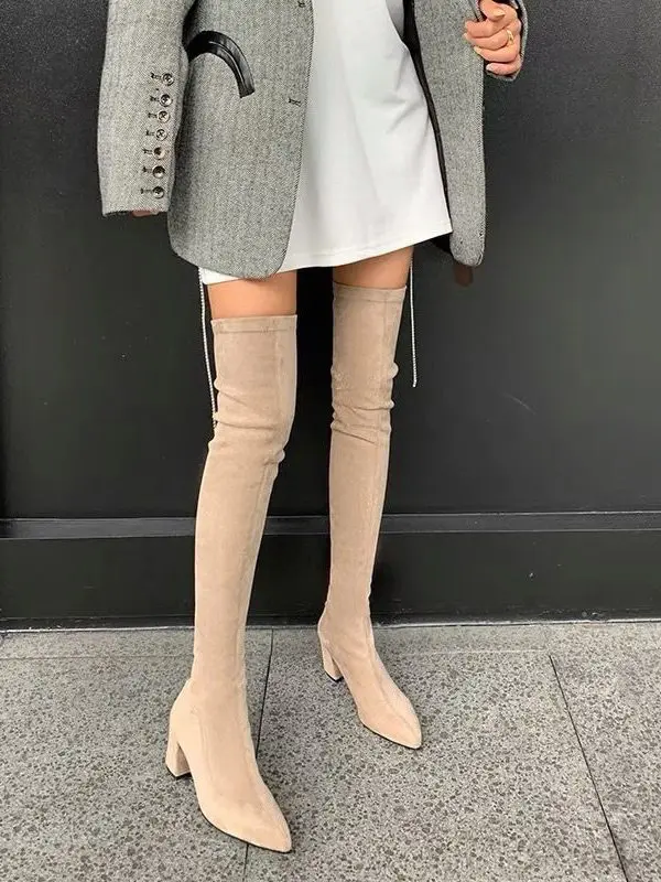 Over The Knee Suede Lace Up Sock High Heels Boots in Women's Boots