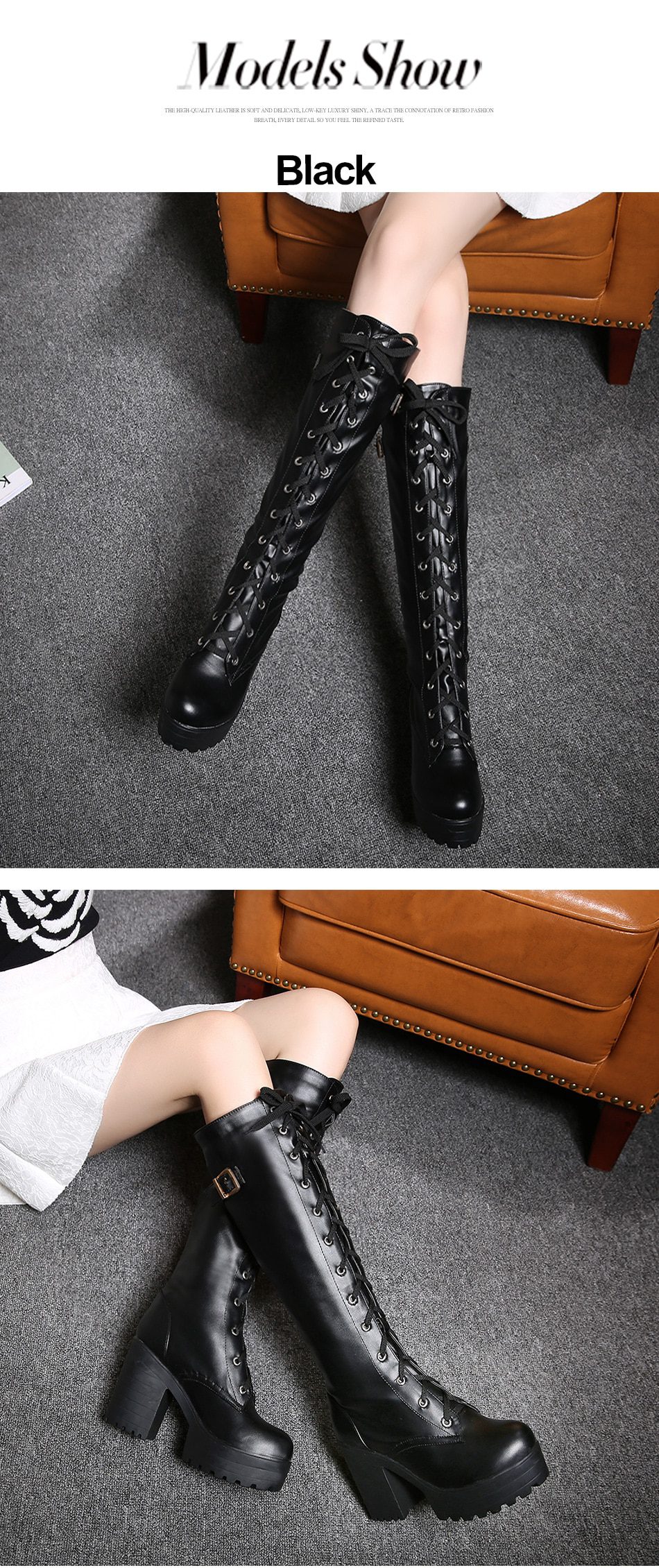 Black White Lacing Square Heel Leather Knee High Boots in Women's Boots