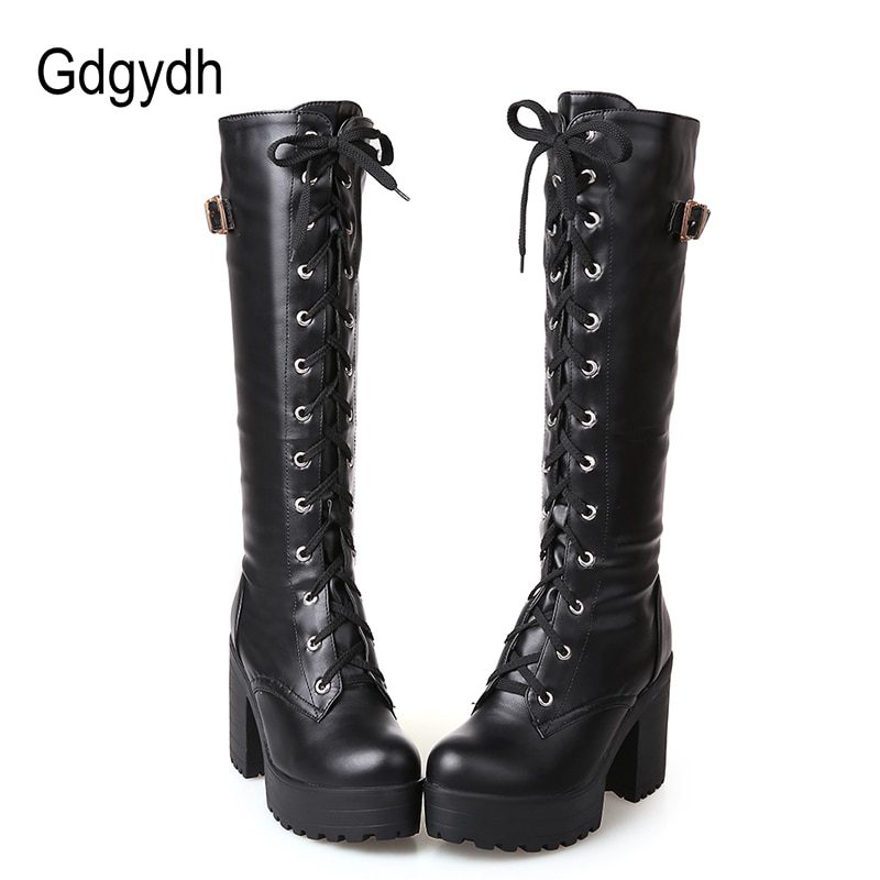 Black White Lacing Square Heel Leather Knee High Boots - Women's Boots - Uniqistic.com