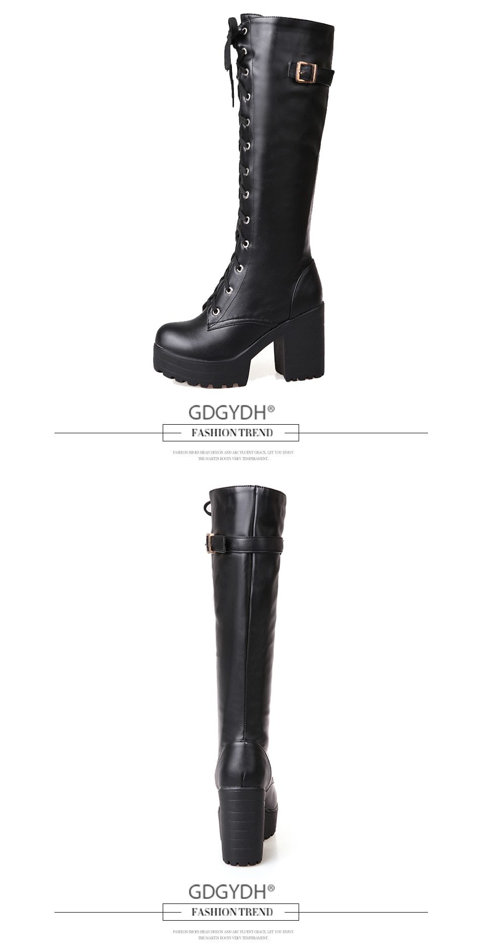 Black White Lacing Square Heel Leather Knee High Boots in Women's Boots