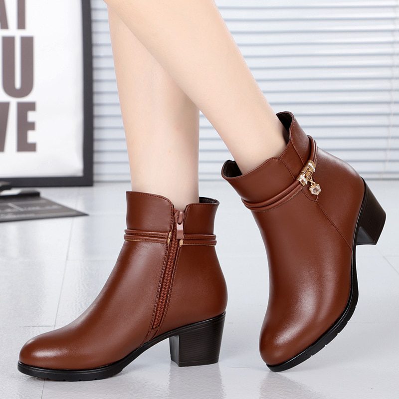 Soft Leather High Heels Zipper Warm Fur Winter Ankle Boots in Women's Boots
